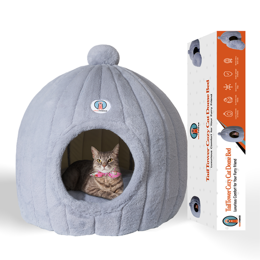 TAILTOWER: Cozy Cat Dome Bed – Luxurious, Eco-Friendly Plush Cave + Free Bowtie